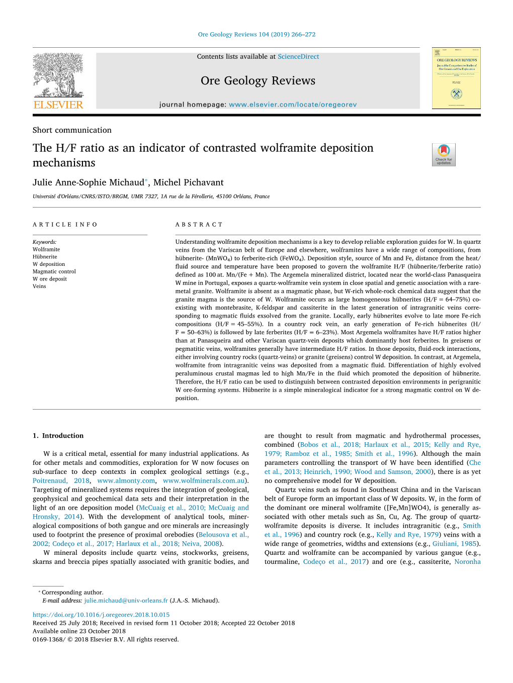 The H/F Ratio As an Indicator of Contrasted Wolframite Deposition Mechanisms