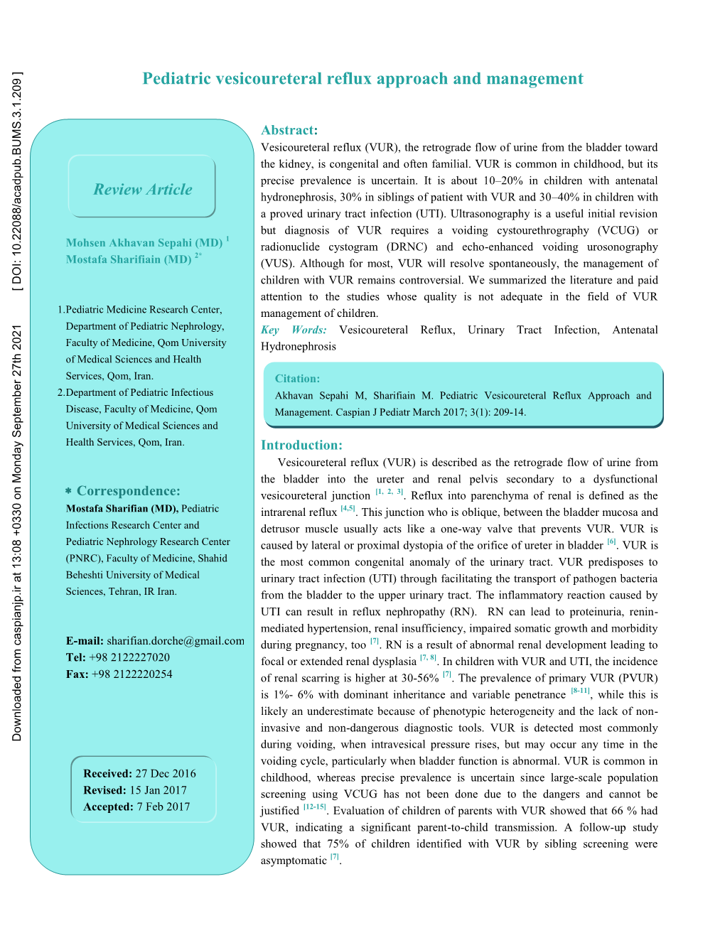 Pediatric Vesicoureteral Reflux Approach and Management