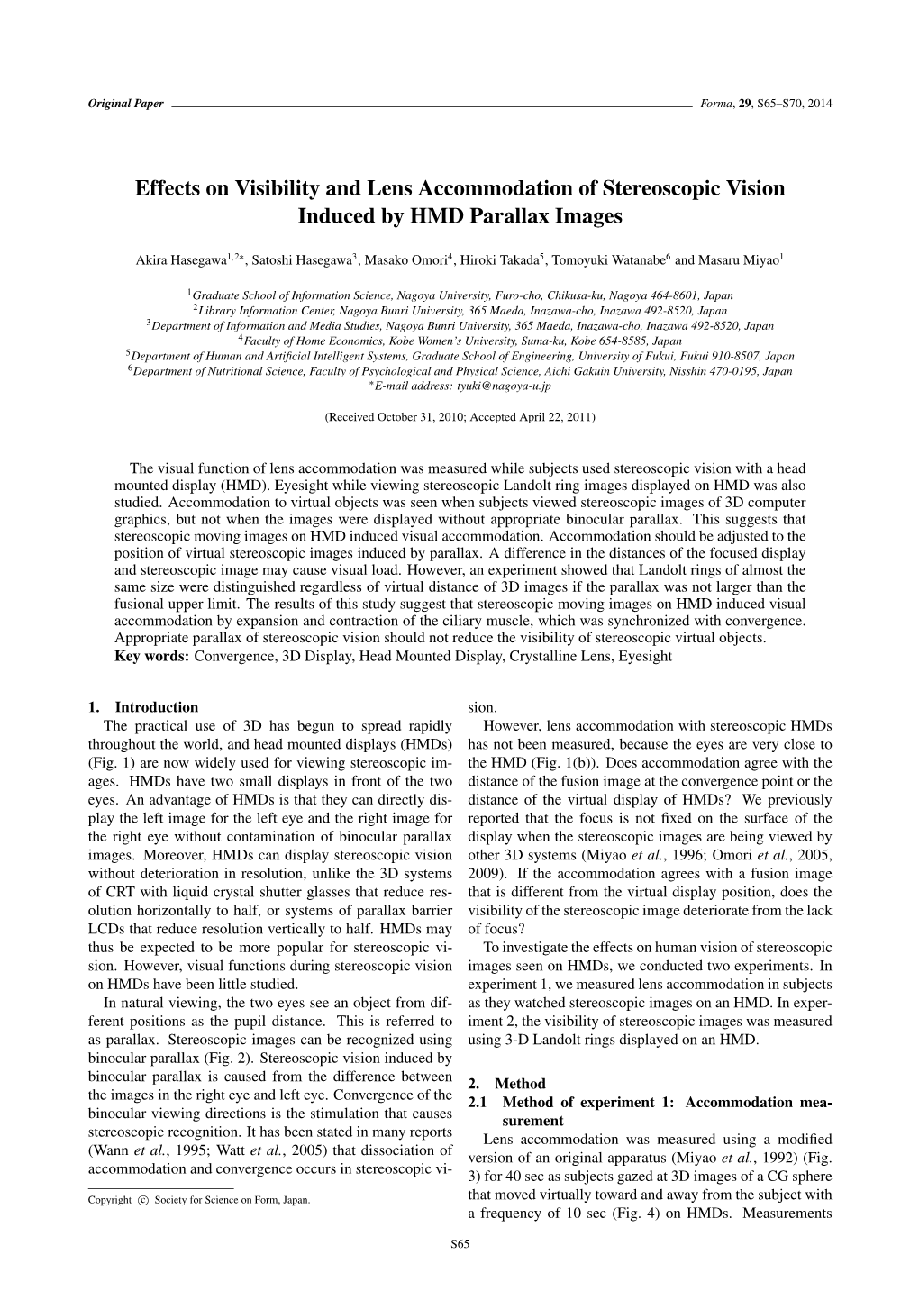 Effects on Visibility and Lens Accommodation of Stereoscopic Vision Induced by HMD Parallax Images