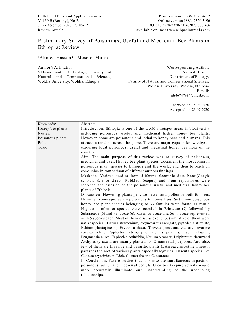 Preliminary Survey of Poisonous, Useful and Medicinal Bee Plants in Ethiopia: Review