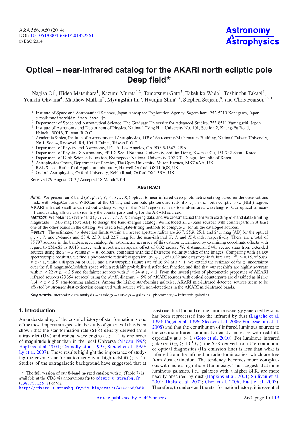 Optical – Near-Infrared Catalog for the AKARI North Ecliptic Pole Deep ﬁeld
