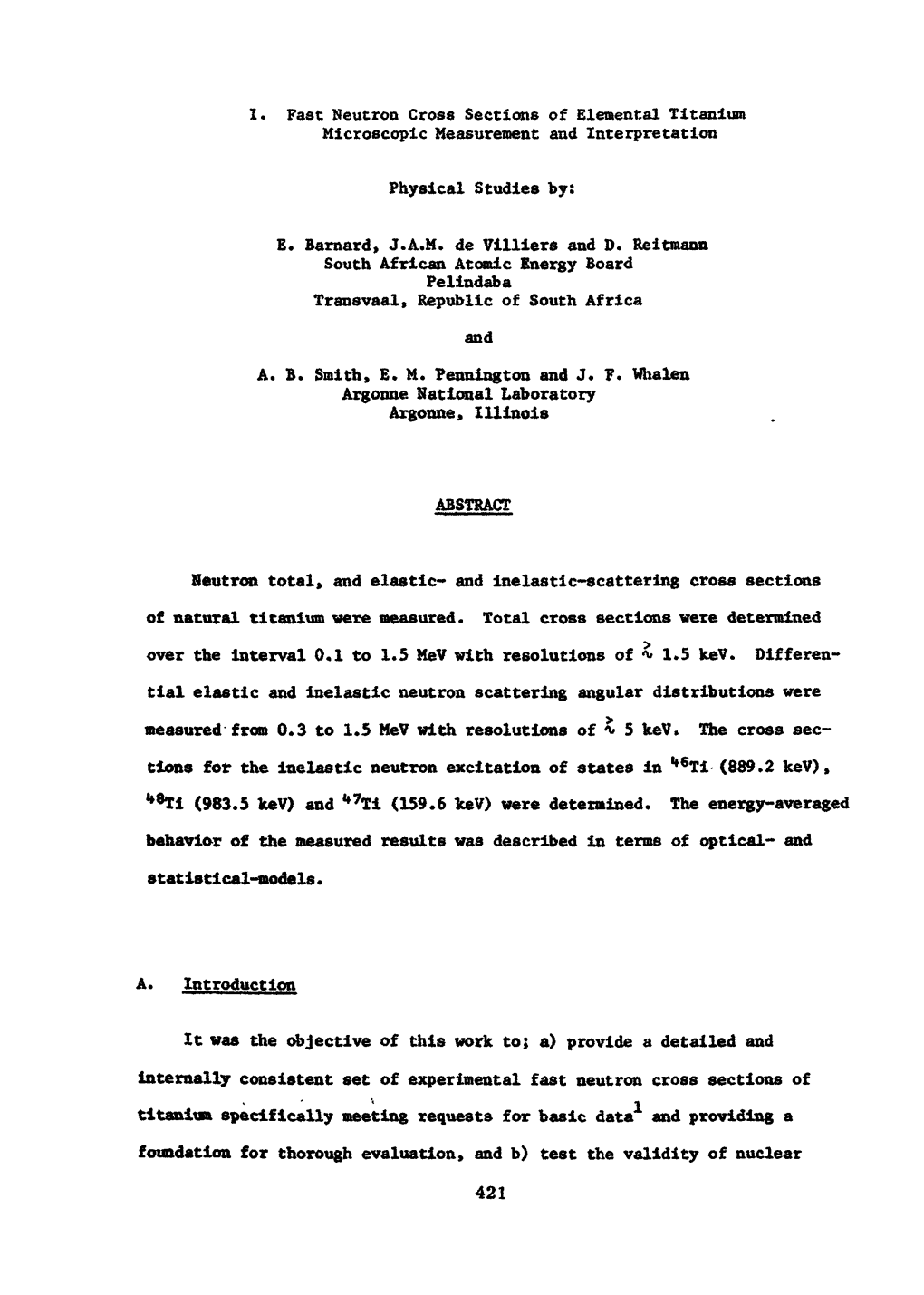 I. Fast Neutron Cross Sections of Elemental Titanium Microscopic Measurement and Interpretation