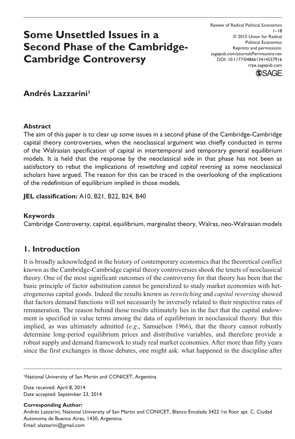 Cambridge Controversy DOI: 10.1177/0486613414557916 Rrpe.Sagepub.Com