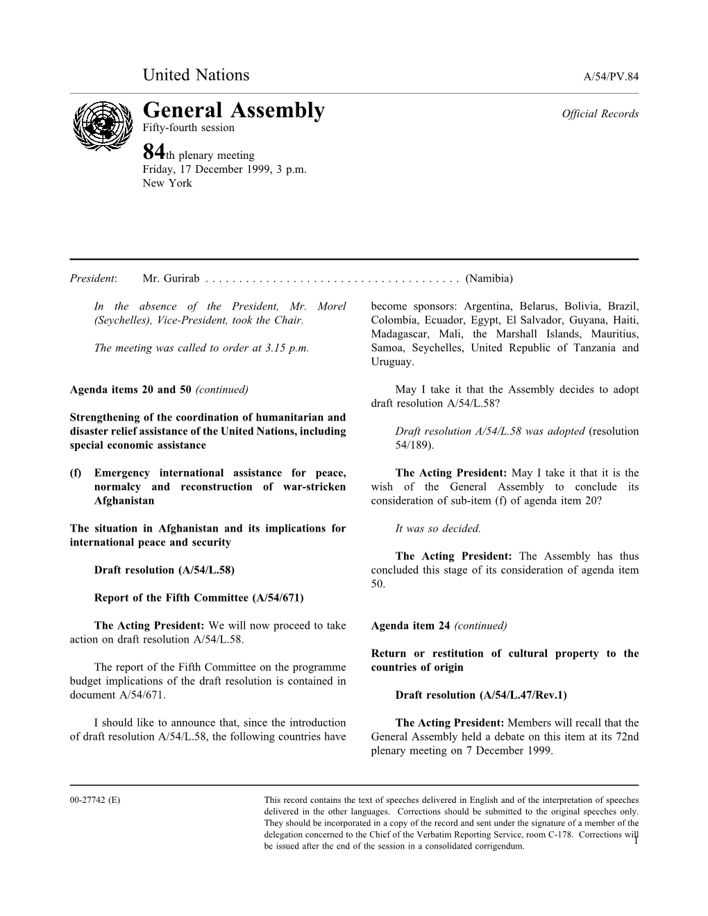 General Assembly Official Records Fifty-Fourth Session