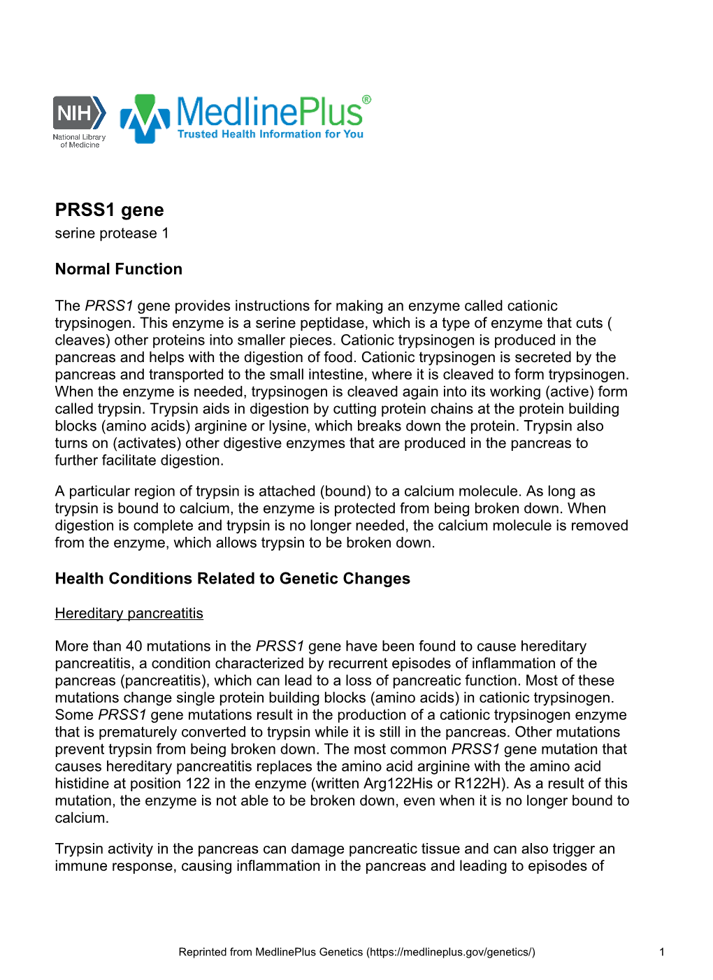 PRSS1 Gene Serine Protease 1