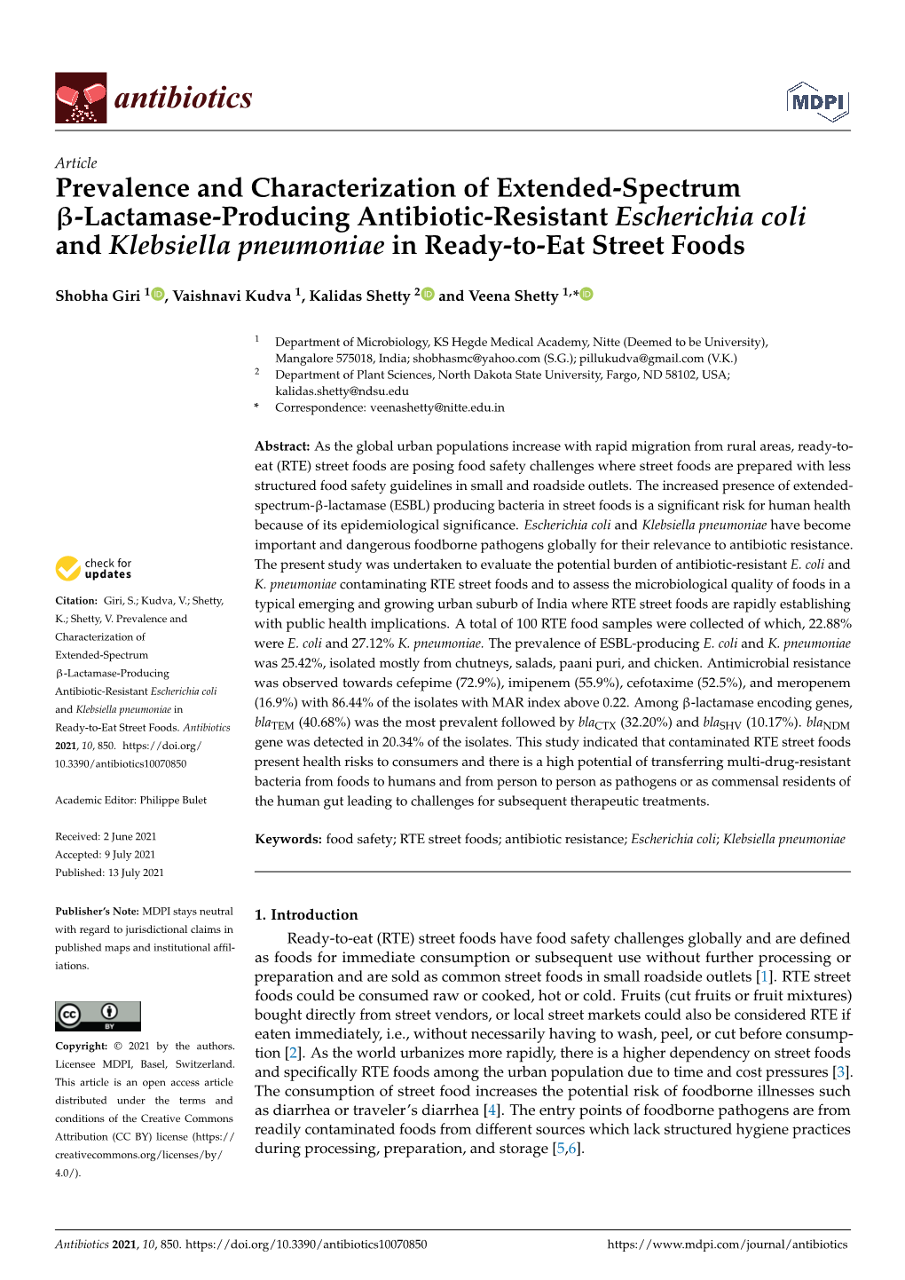 Lactamase-Producing Antibiotic-Resistant Escherichia Coli and Klebsiella Pneumoniae in Ready-To-Eat Street Foods