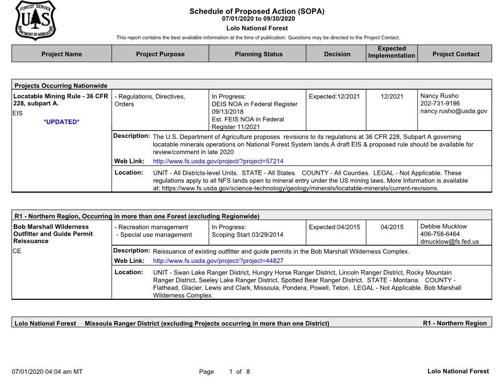 Schedule of Proposed Action (SOPA) 07/01/2020 to 09/30/2020 Lolo National Forest This Report Contains the Best Available Information at the Time of Publication