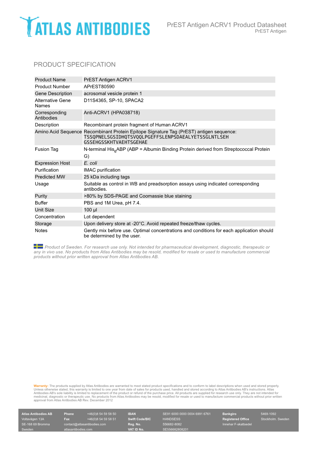 PRODUCT SPECIFICATION Prest Antigen ACRV1 Product