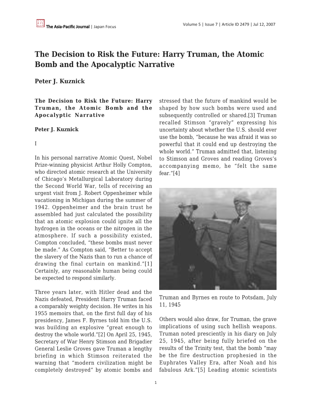 Harry Truman, the Atomic Bomb and the Apocalyptic Narrative