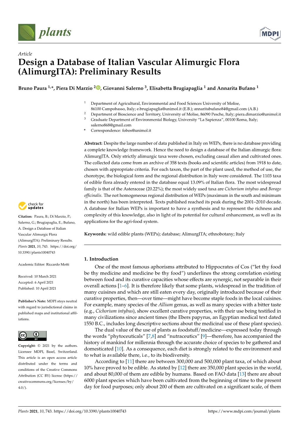 Design a Database of Italian Vascular Alimurgic Flora (Alimurgita): Preliminary Results