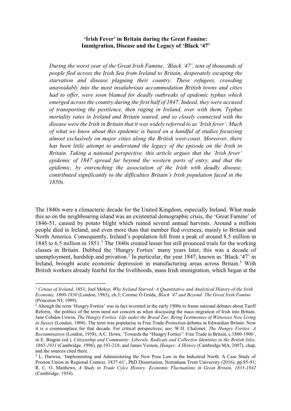 Irish Fever’ in Britain During the Great Famine: Immigration, Disease and the Legacy of ‘Black ‘47’