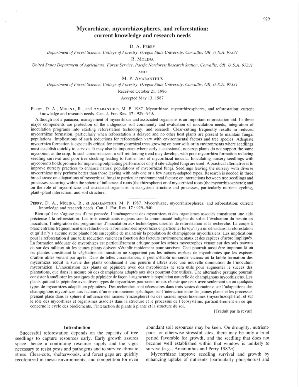 Mycorrhizae, Mycorrhizospheres, and Reforestation: Current Knowledge and Research Needs