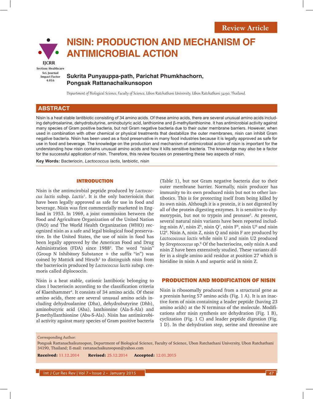 NISIN: PRODUCTION and MECHANISM of ANTIMICROBIAL ACTION IJCRR Section: Healthcare Sci