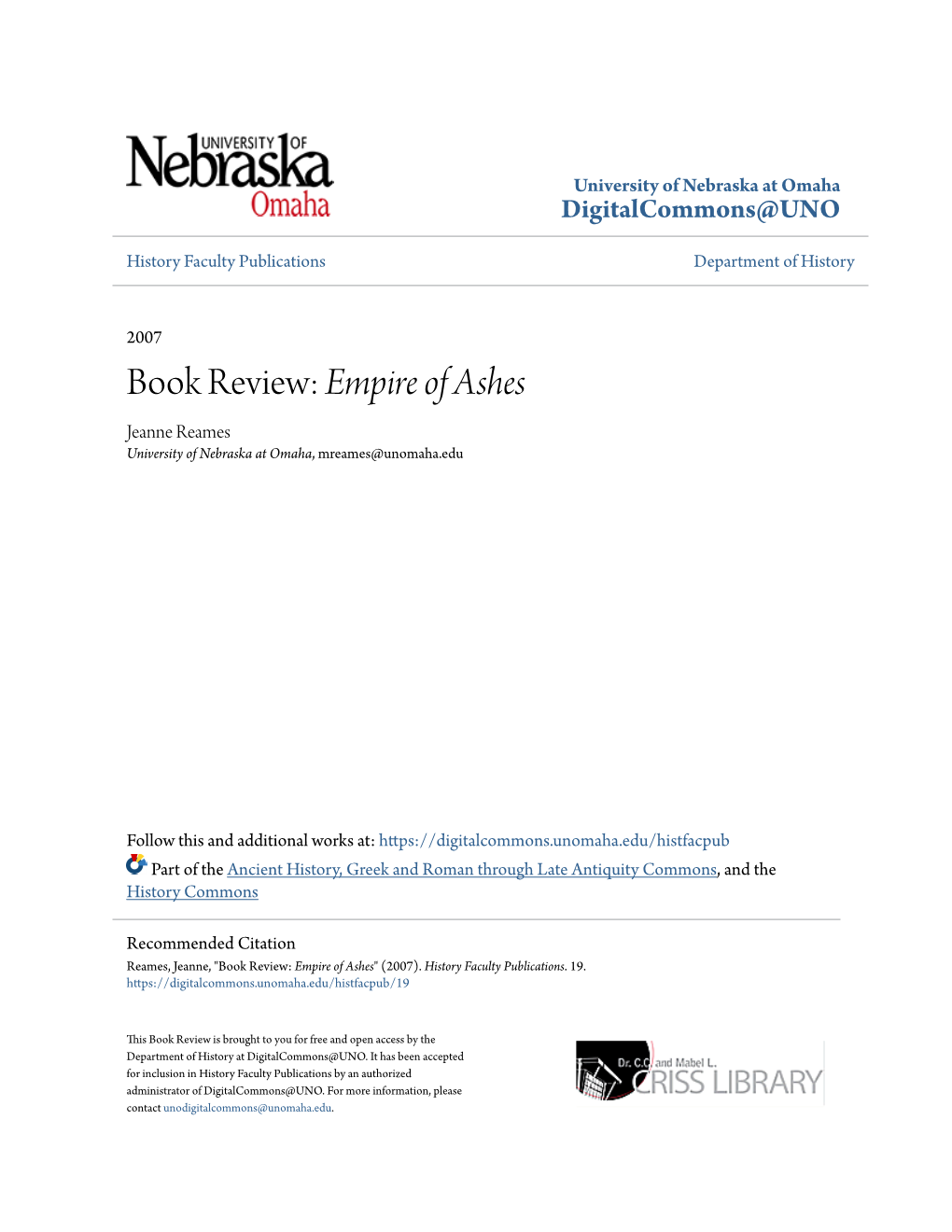 Book Review: Empire of Ashes Jeanne Reames University of Nebraska at Omaha, Mreames@Unomaha.Edu