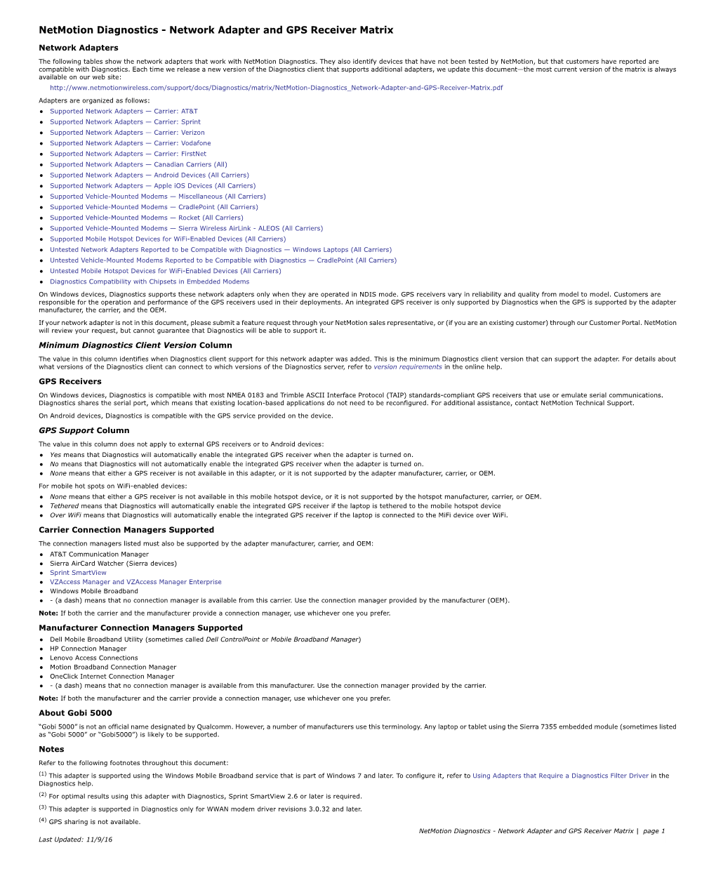 Netmotion Diagnostics - Network Adapter and GPS Receiver Matrix