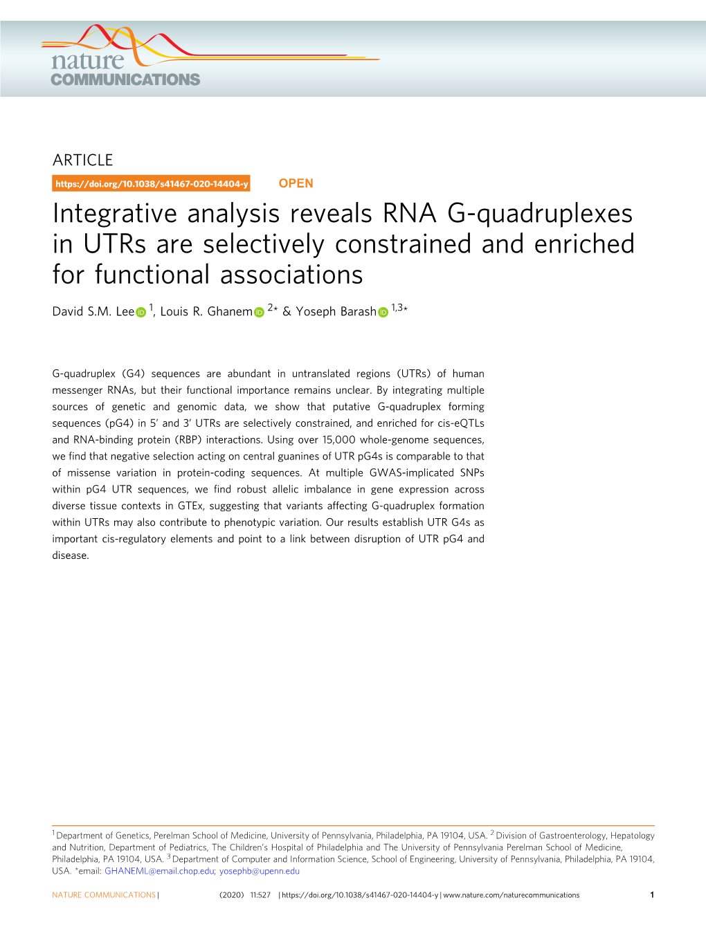 Integrative Analysis Reveals RNA G-Quadruplexes in Utrs Are Selectively Constrained and Enriched for Functional Associations