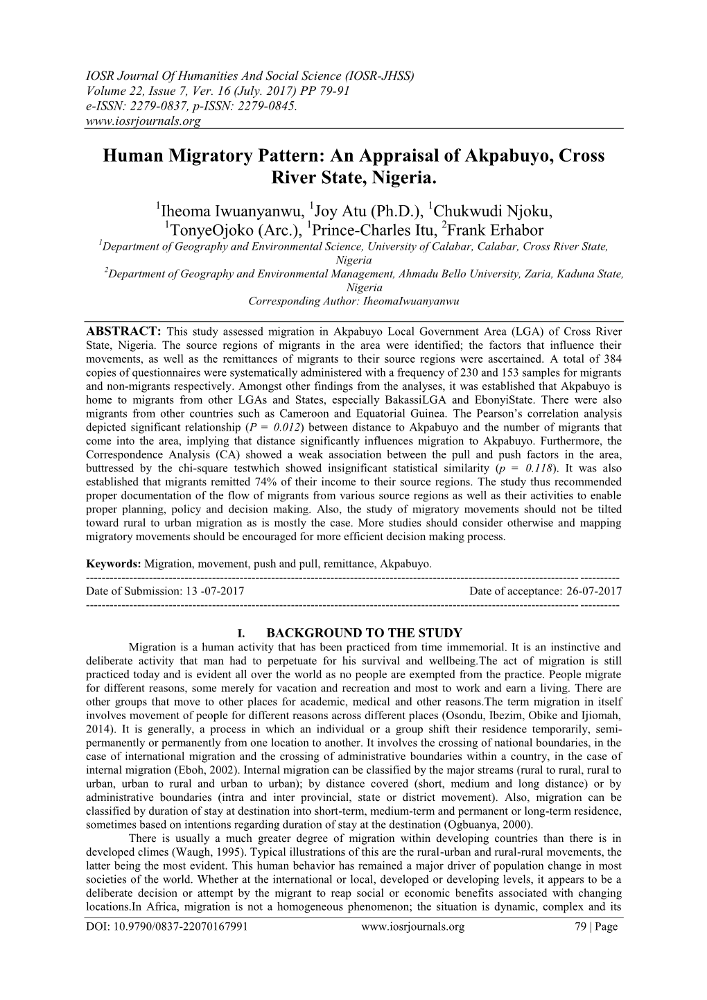 Human Migratory Pattern: an Appraisal of Akpabuyo, Cross River State, Nigeria