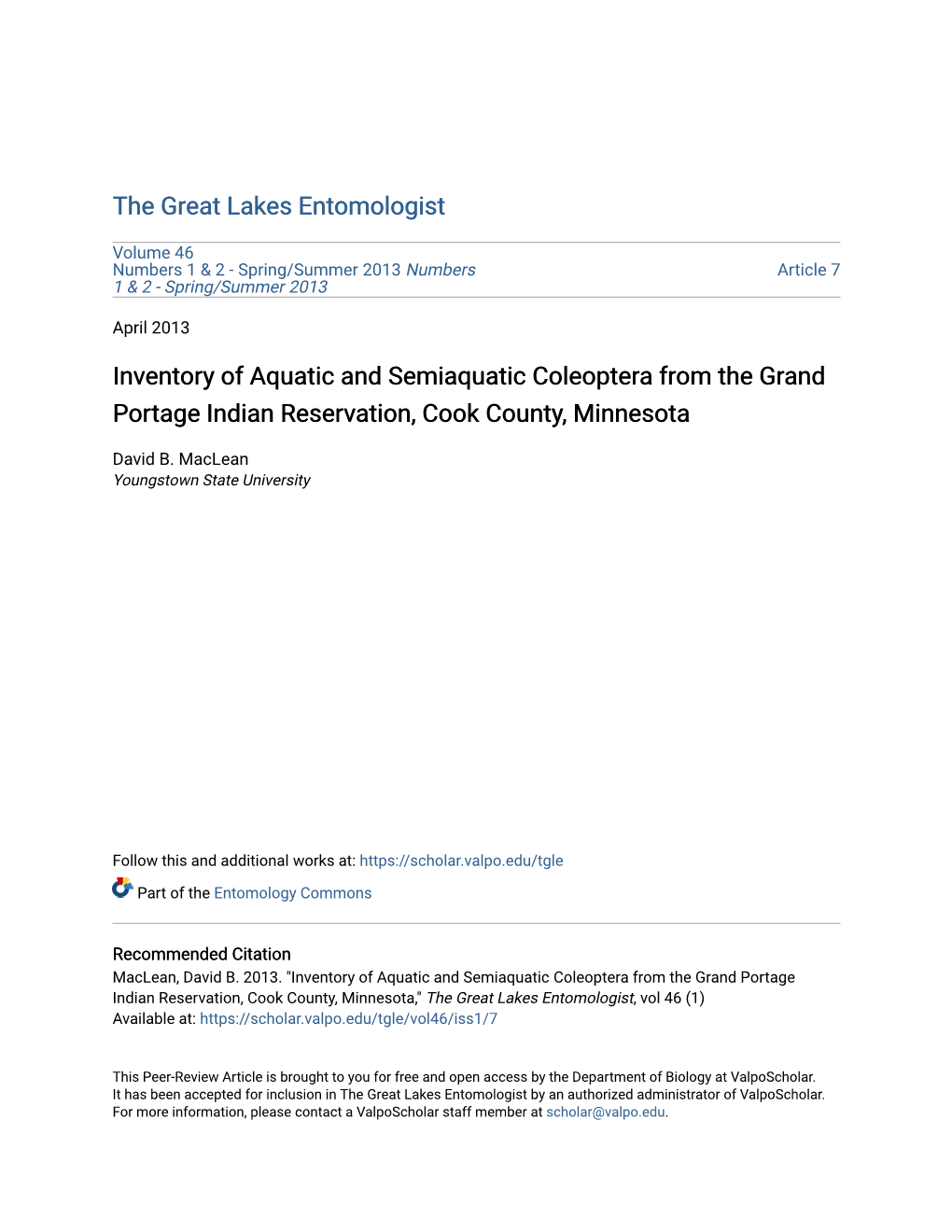 Inventory of Aquatic and Semiaquatic Coleoptera from the Grand Portage Indian Reservation, Cook County, Minnesota