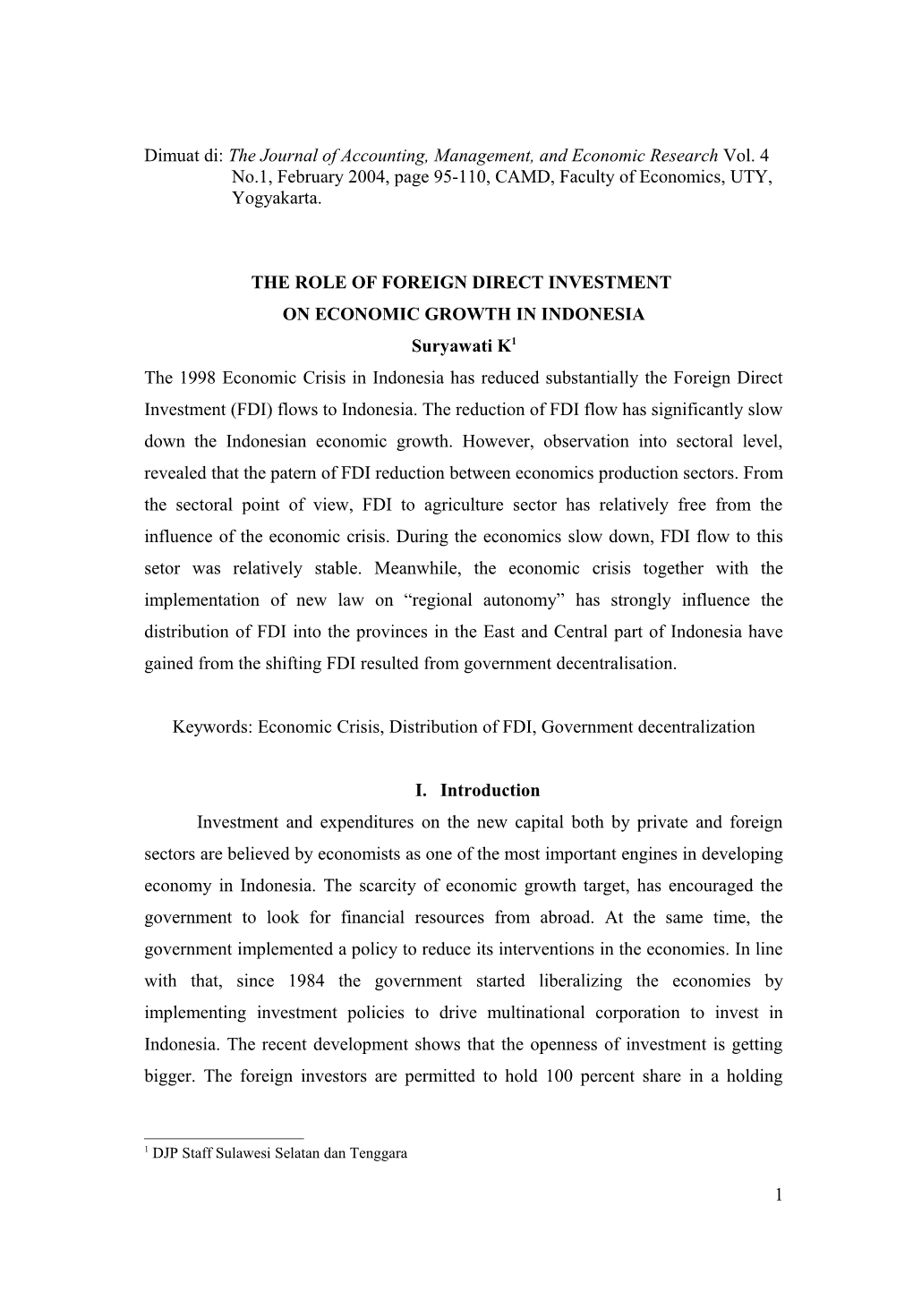 The Role of Foreign Direct Investment on Economic Growth in Indonesia