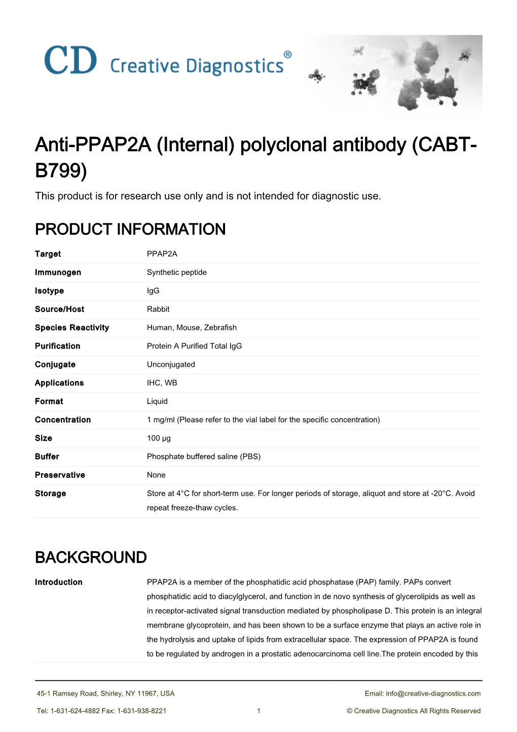 Anti-PPAP2A (Internal) Polyclonal Antibody (CABT- B799) This Product Is for Research Use Only and Is Not Intended for Diagnostic Use