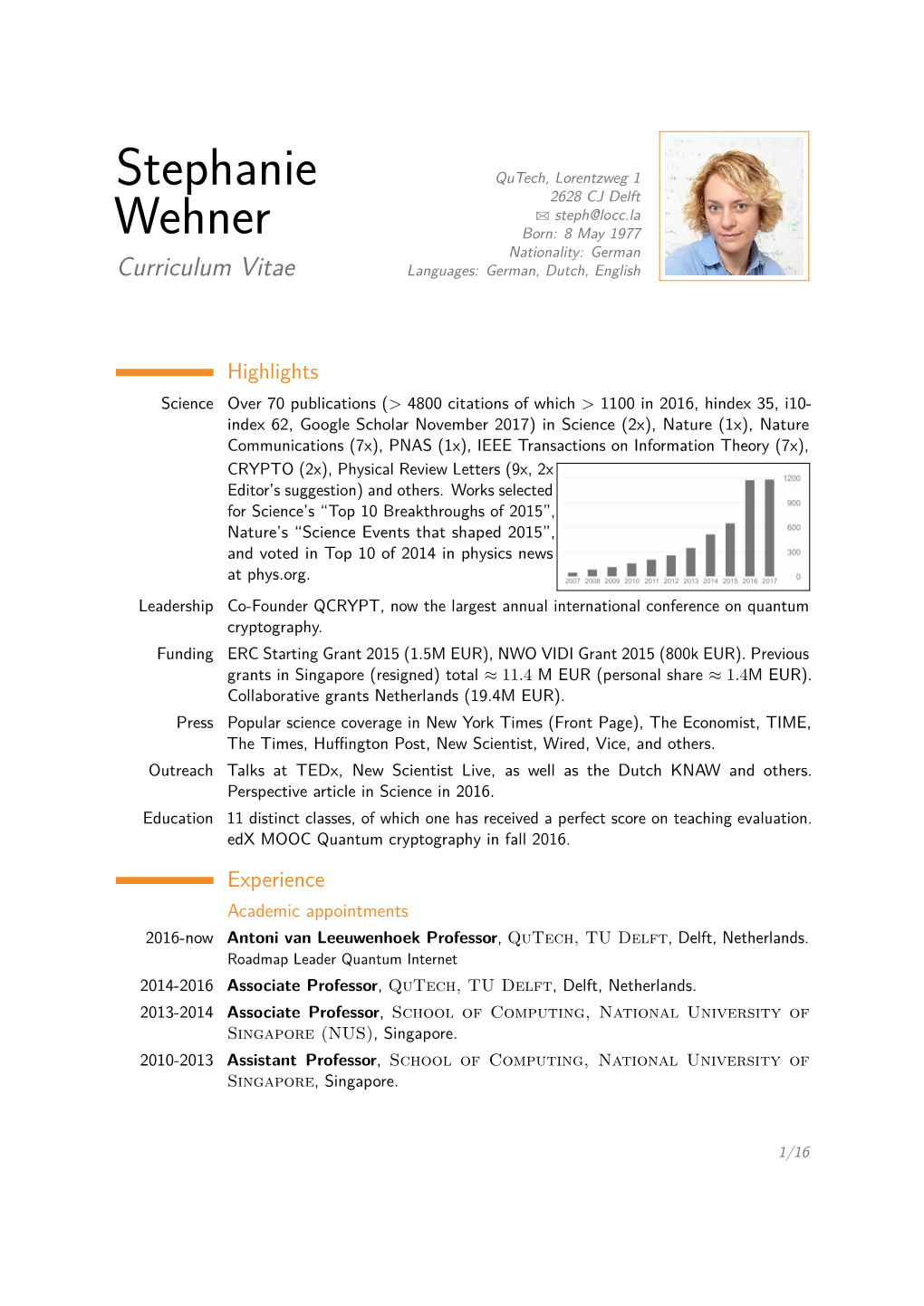 Stephanie Wehner – Curriculum Vitae