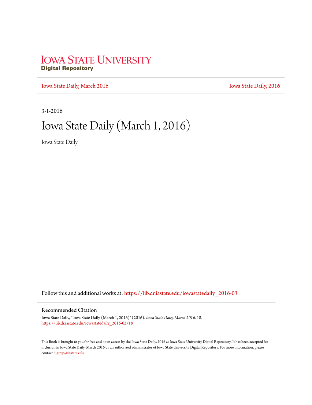 Iowa State Daily (March 1, 2016) Iowa State Daily