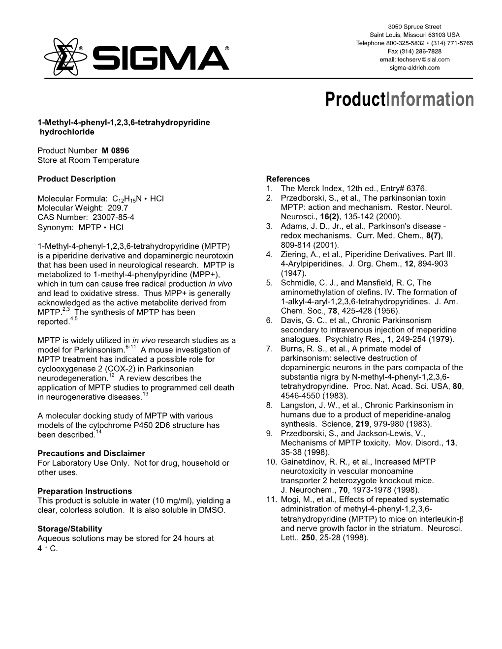 1-Methyl-4-Phenyl-1,2,3,6-Tetrahydropyridine Hydrochloride (M0896)