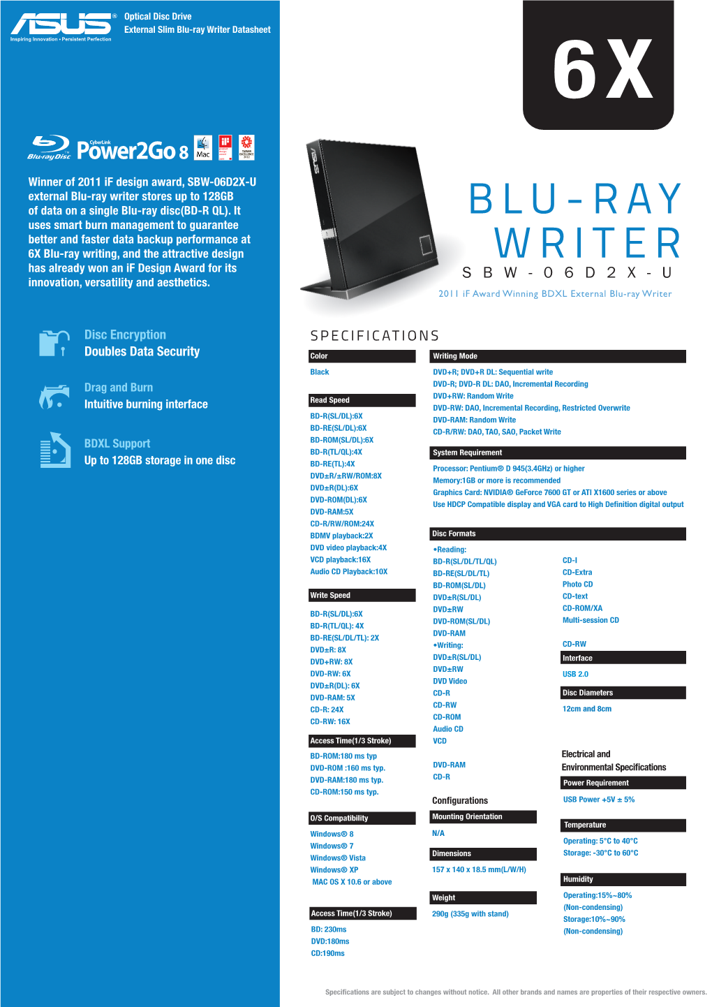 Blu-Ray Writer Datasheet 6X