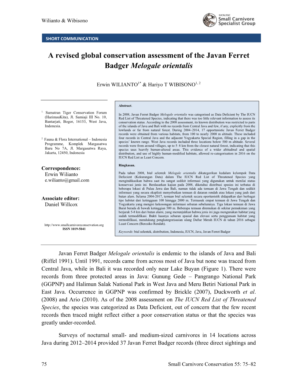 A Revised Global Conservation Assessment of the Javan Ferret Badger Melogale Orientalis