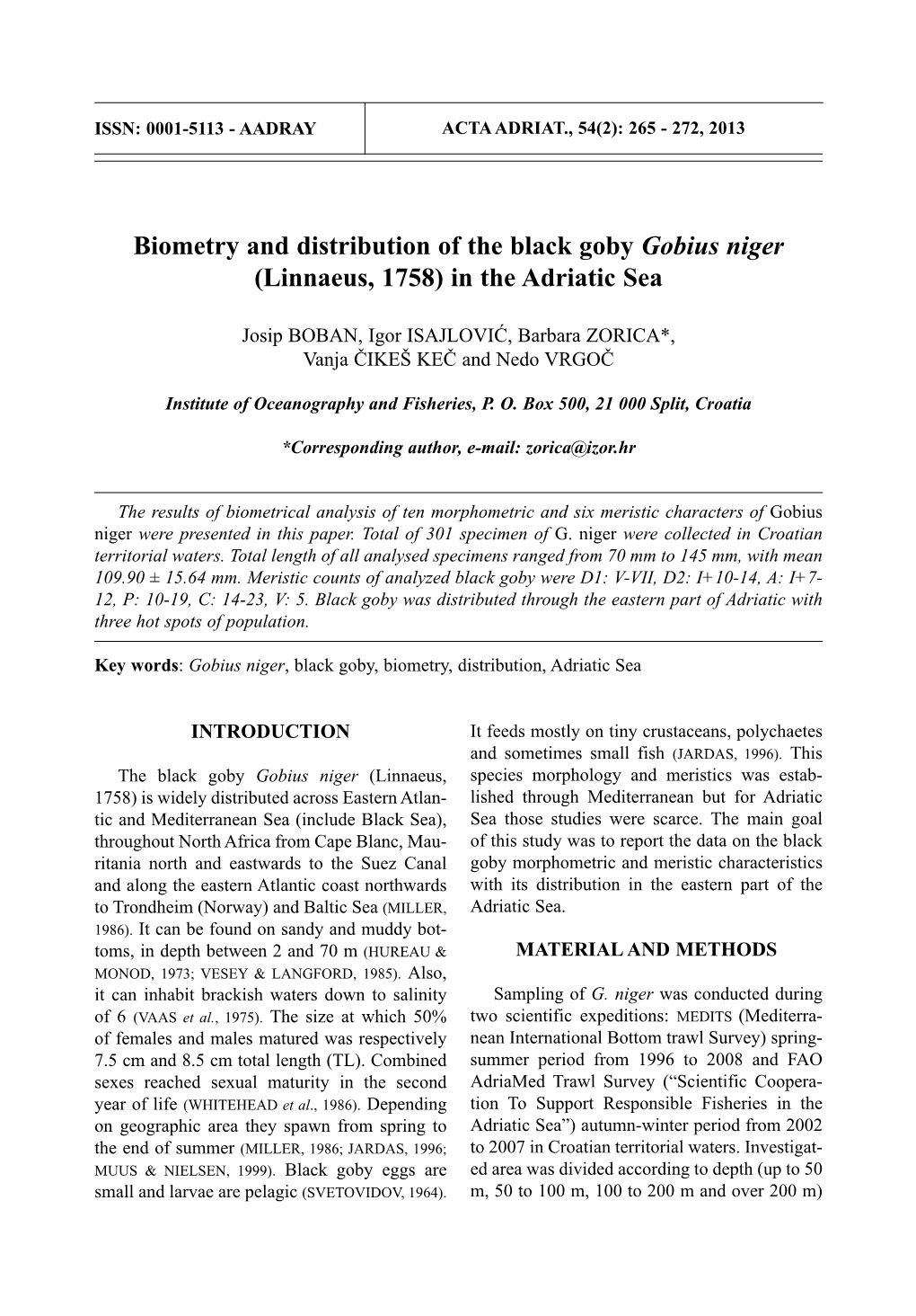 Biometry and Distribution of the Black Goby Gobius Niger (Linnaeus, 1758) in the Adriatic Sea