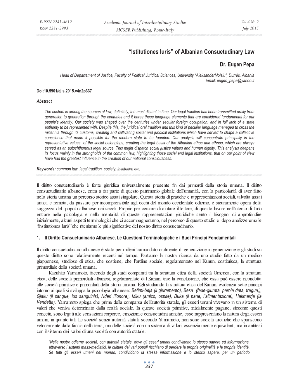 Istitutiones Iuris” of Albanian Consuetudinary Law
