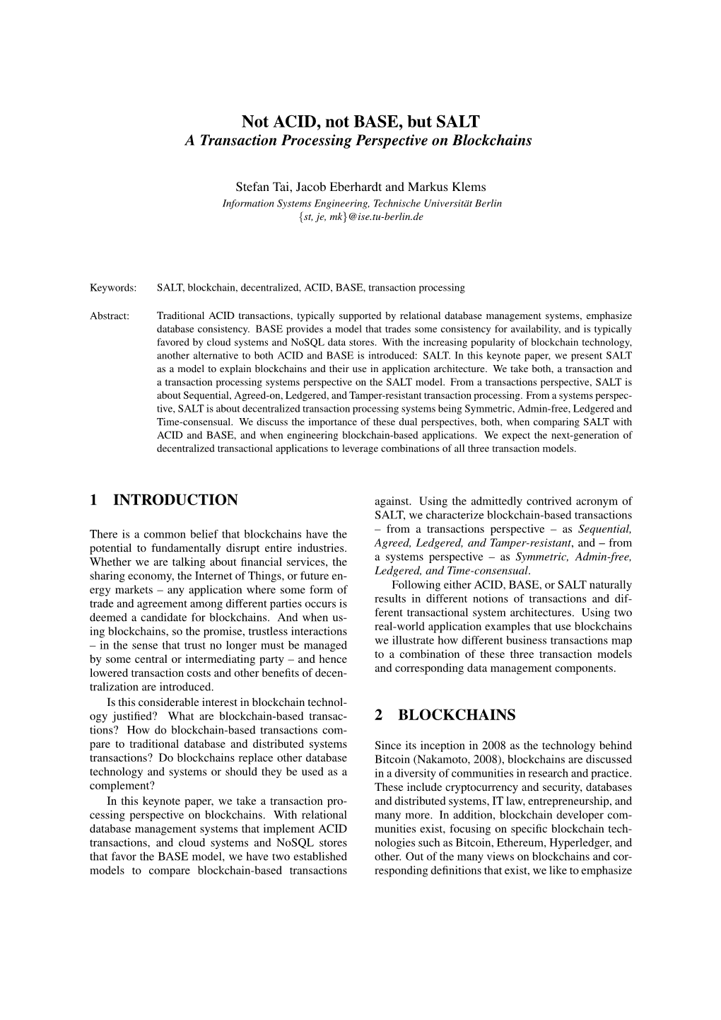 Not ACID, Not BASE, but SALT a Transaction Processing Perspective on Blockchains