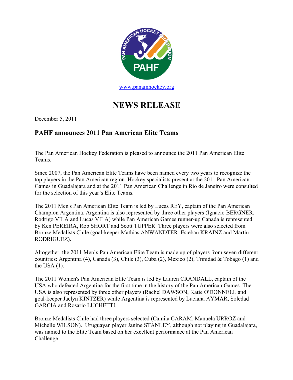 PAHF News Release