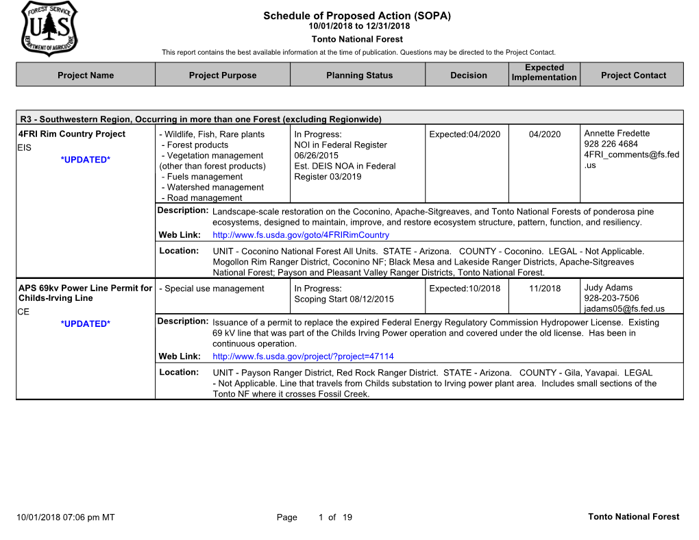 Schedule of Proposed Action (SOPA) 10/01/2018 to 12/31/2018 Tonto National Forest This Report Contains the Best Available Information at the Time of Publication