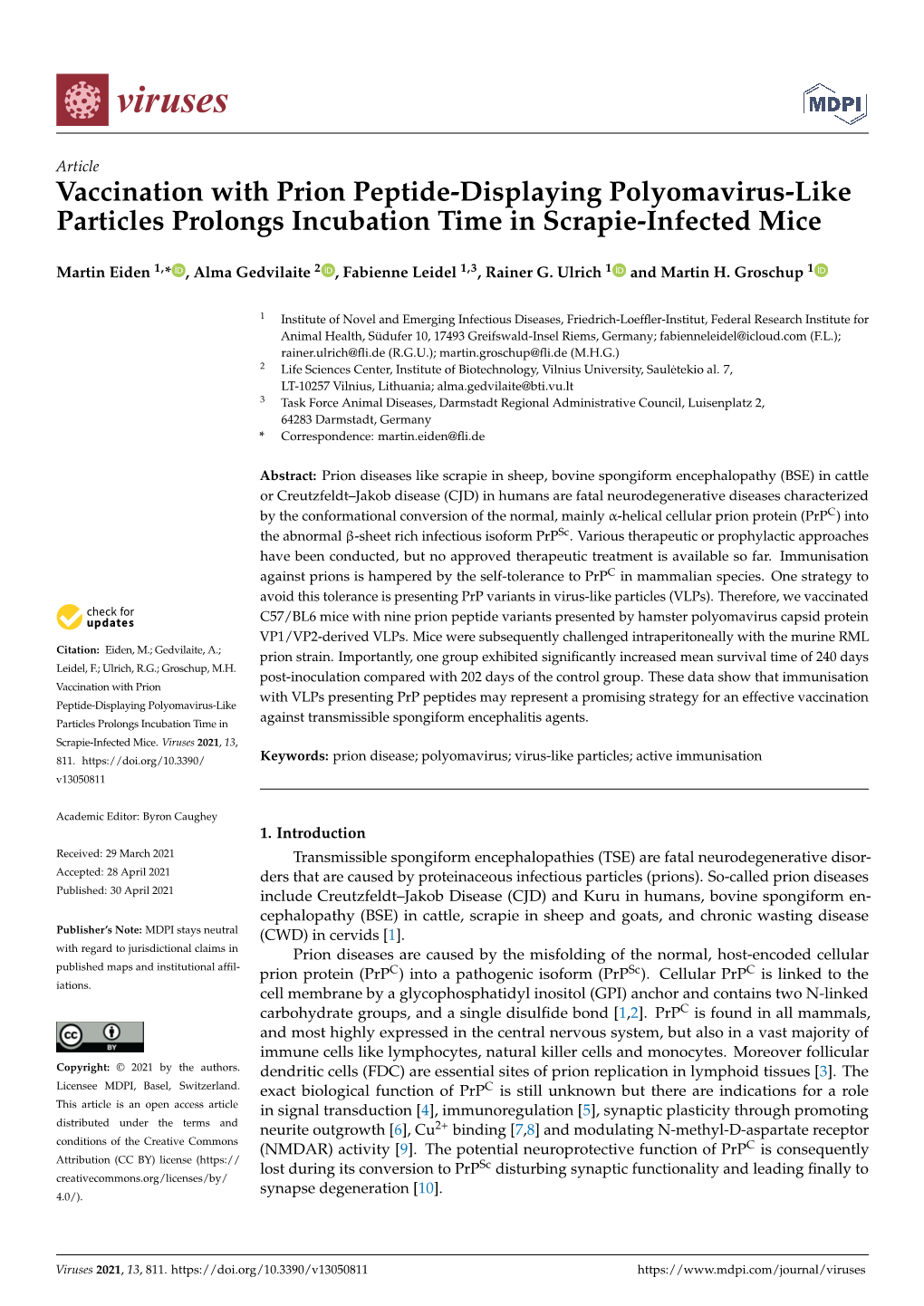 Vaccination with Prion Peptide-Displaying Polyomavirus-Like Particles Prolongs Incubation Time in Scrapie-Infected Mice