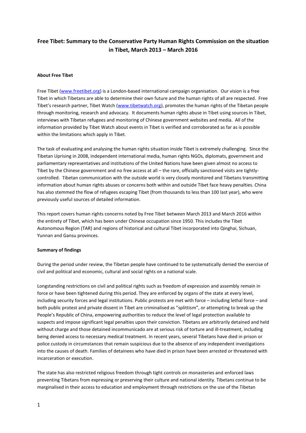 Summary to the Conservative Party Human Rights Commission on the Situation in Tibet, March 2013 – March 2016