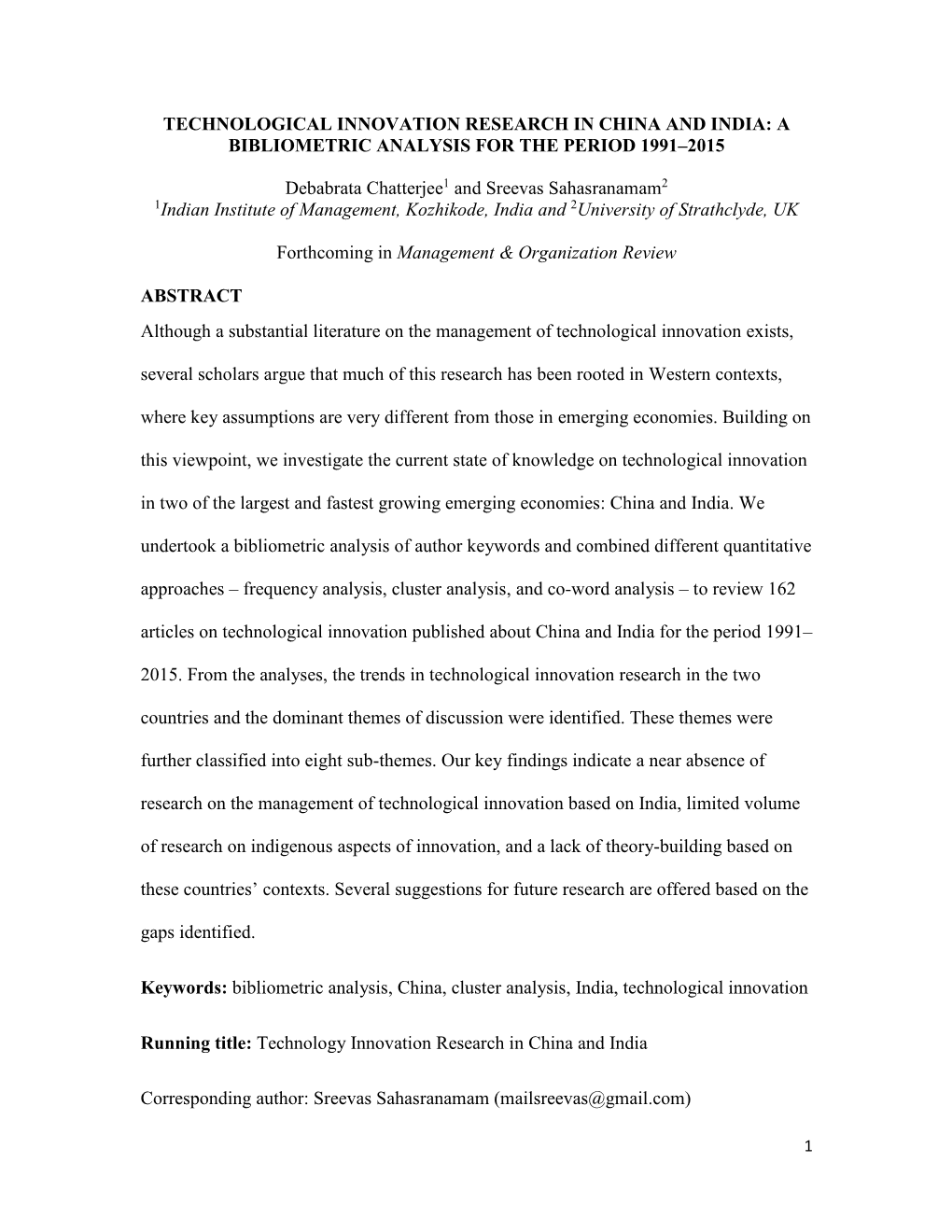 Technological Innovation Research in China and India: a Bibliometric Analysis for the Period 1991–2015