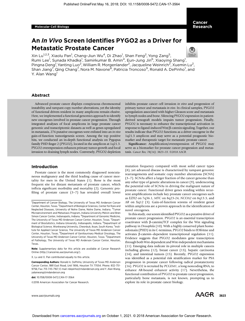 An in Vivo Screen Identifies PYGO2 As a Driver for Metastatic Prostate Cancer