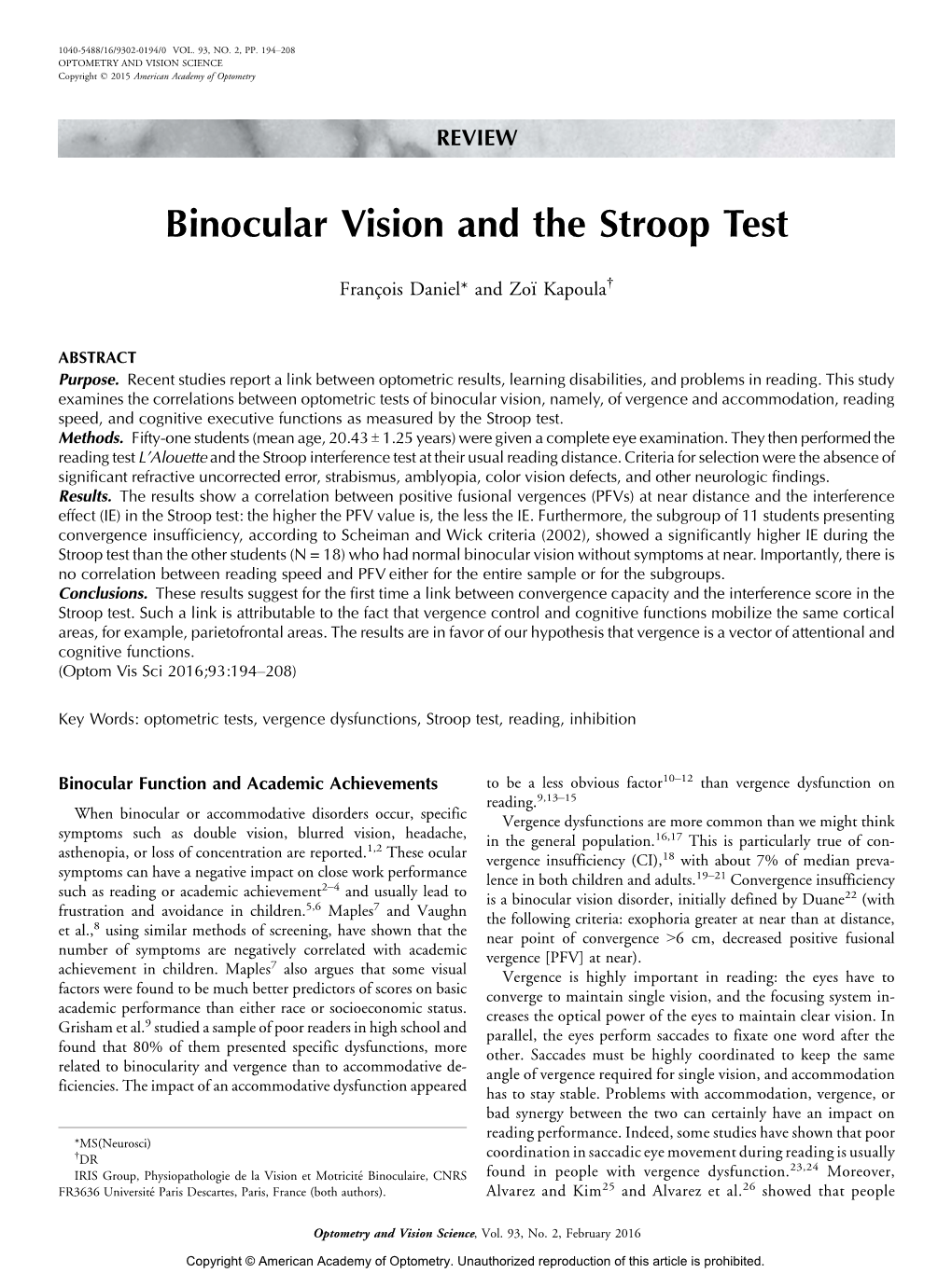 Binocular Vision and the Stroop Test