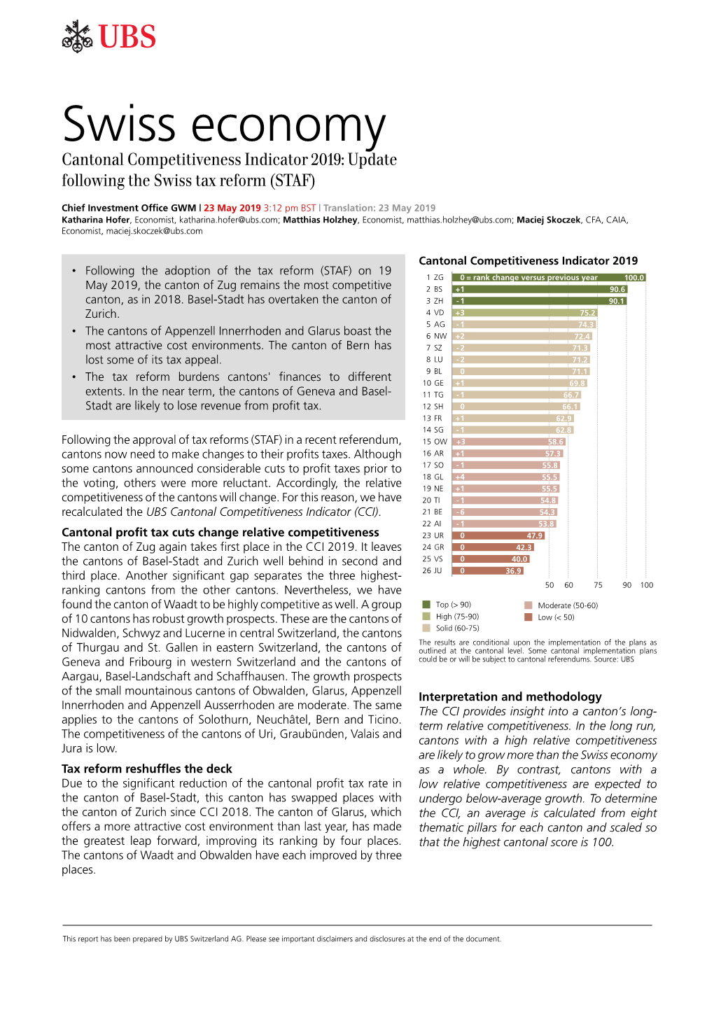 Swiss Economy Cantonal Competitiveness Indicator 2019: Update Following the Swiss Tax Reform (STAF)