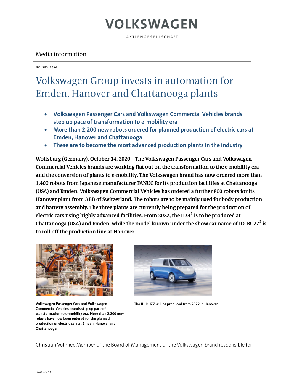 Volkswagen Group Invests in Automation for Emden, Hanover and Chattanooga Plants