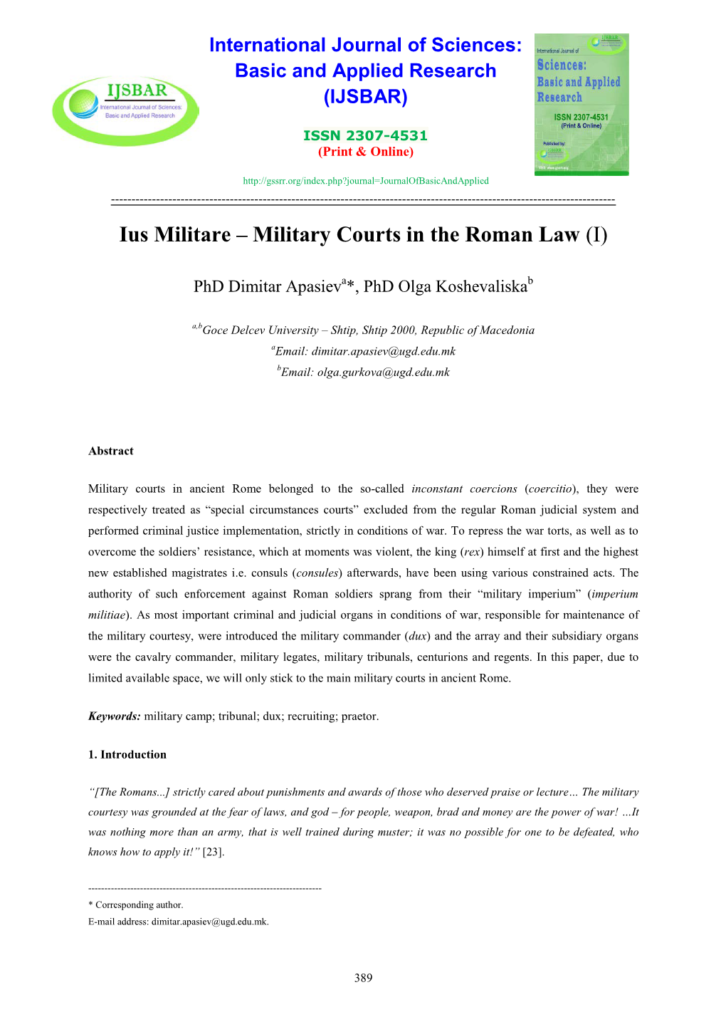 Ius Militare – Military Courts in the Roman Law (I)