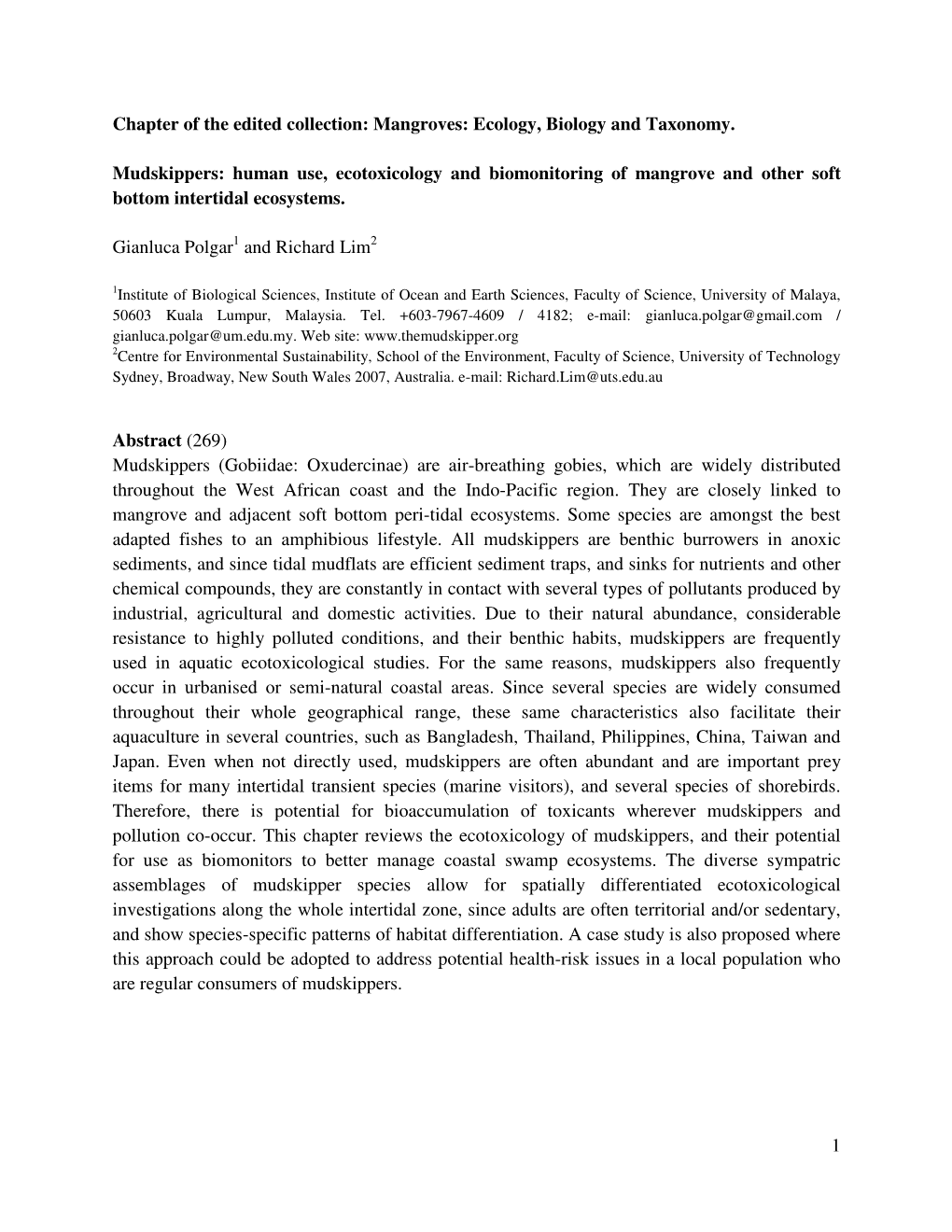 Ecology, Biology and Taxonomy. Mudskippers