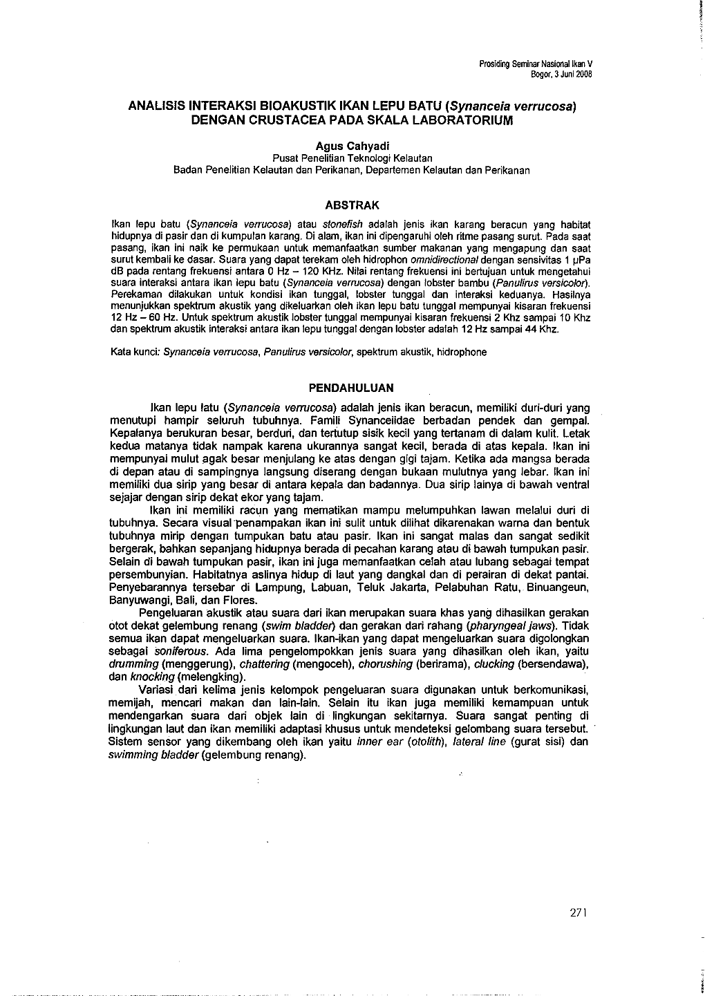 ANALISIS INTERAKSI BIOAKUSTIK IKAN LEPU BATU (Synanceia Verrucosa) DENGAN CRUSTACEA PADA SKALA LABORATORIUM