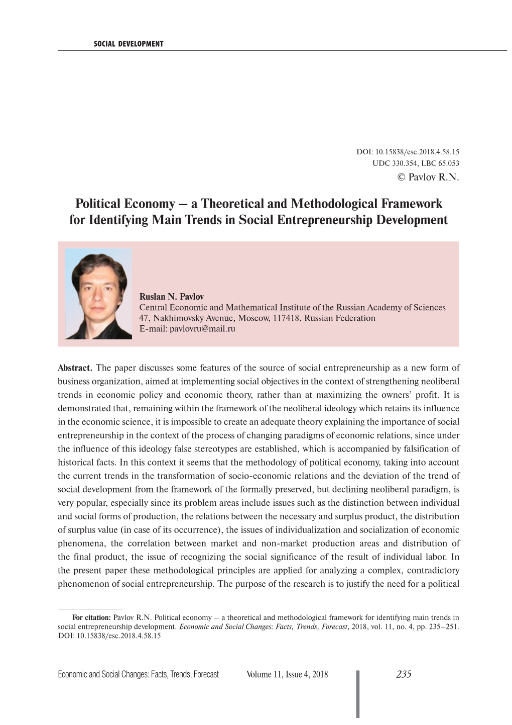 Political Economy – a Theoretical and Methodological Framework for Identifying Main Trends in Social Entrepreneurship Development
