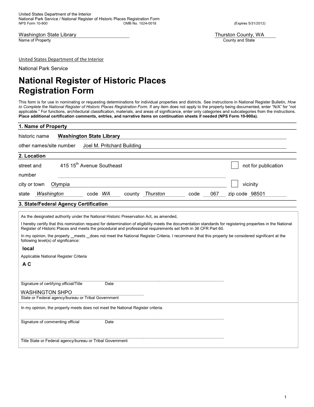 National Register of Historic Places Registration Form NPS Form 10-900 OMB No