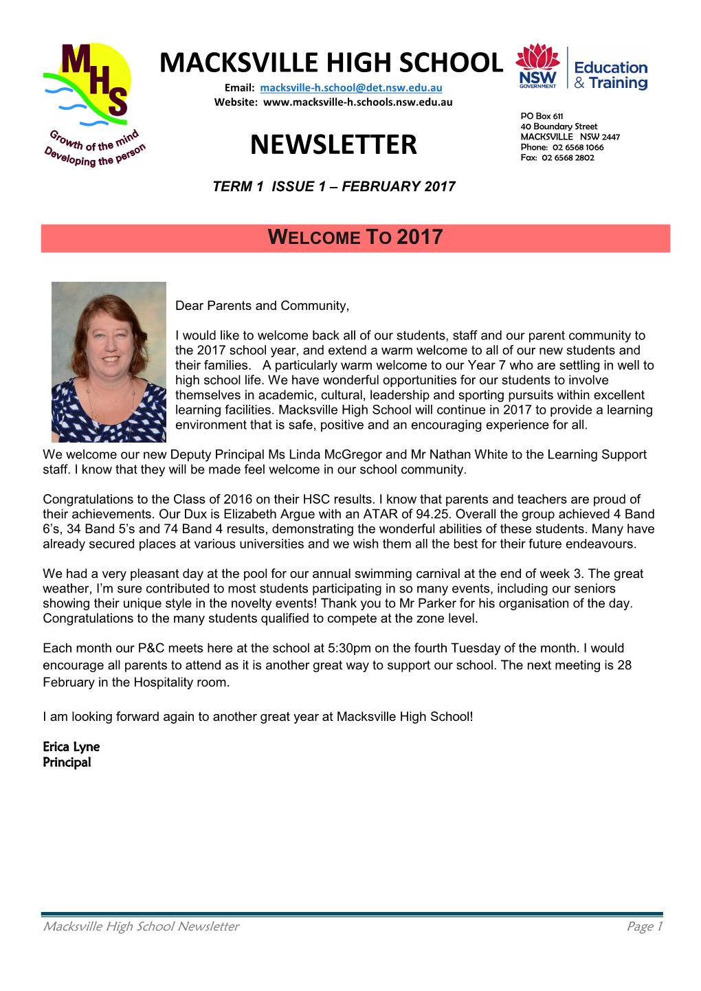 Macksville High School Newsletter Page 1