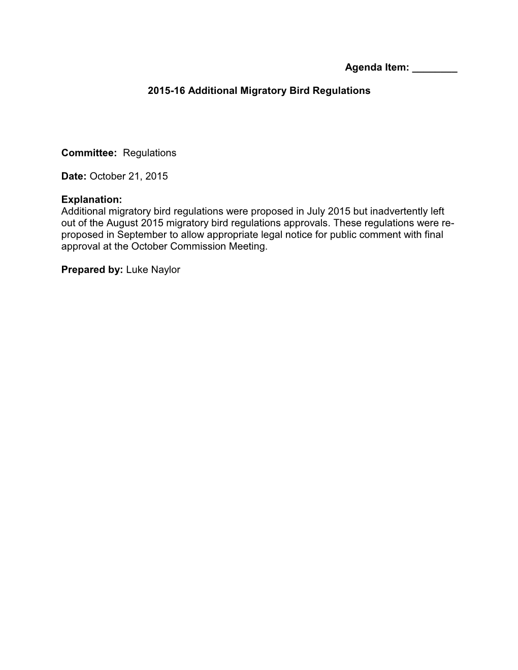 2015-16 Additional Migratory Bird Regulations Committee