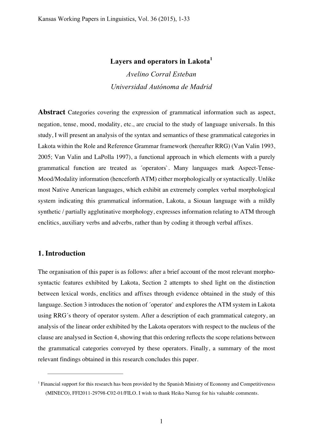 Layers and Operators in Lakota1 Avelino Corral Esteban Universidad Autónoma De Madrid