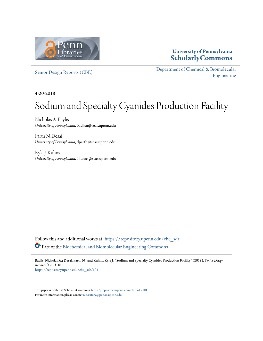 Sodium and Specialty Cyanides Production Facility Nicholas A